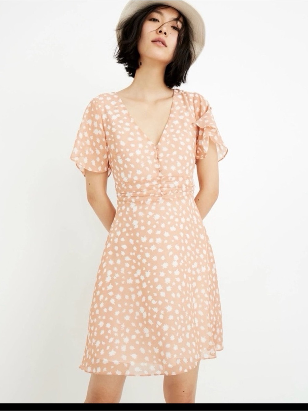 Madewell Mini Dress star shower starburst pattern ruched short sleeve flutter 8